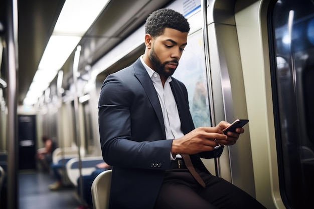 Aufnahme eines jungen Geschäftsmannes, der während einer U-Bahnfahrt eine SMS sendet, erstellt mit generativer KI
