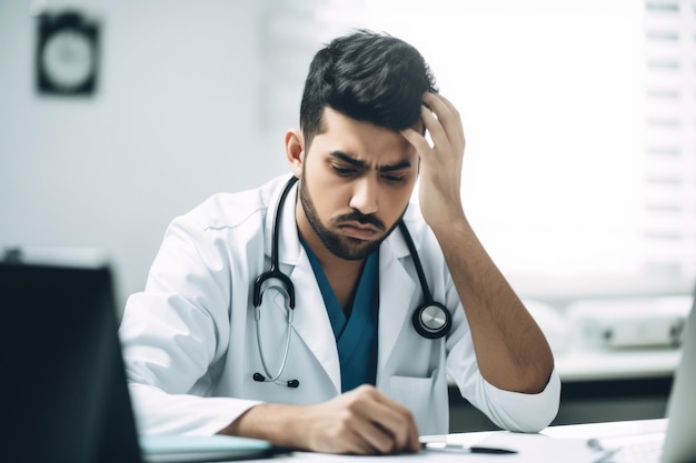Aufnahme eines jungen männlichen Arztes, der gestresst aussieht, während er in seinem Büro arbeitet, erstellt mit generativer KI