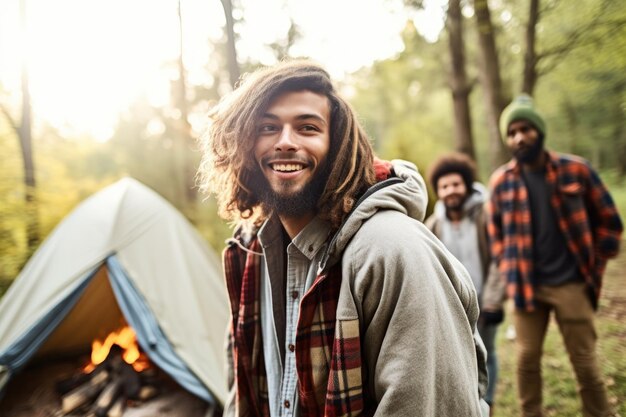 Aufnahme eines jungen Mannes beim Zelten mit seinen Freunden, erstellt mit generativer KI