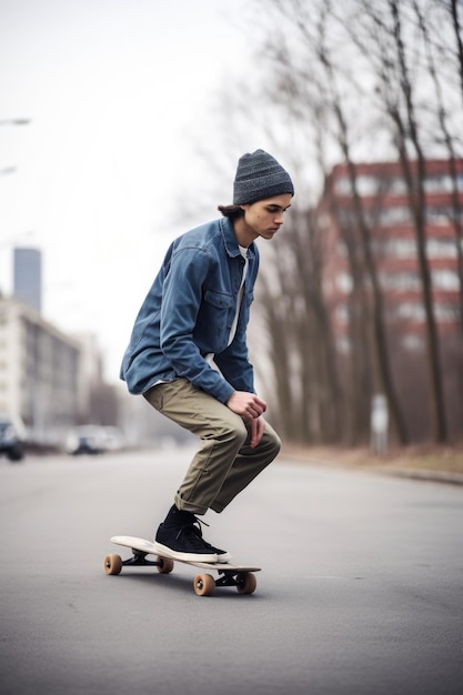 Aufnahme eines jungen Mannes, der auf seinem Skateboard fährt