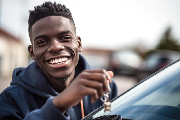 Aufnahme eines jungen Mannes, der Autoschlüssel hochhält und lächelt, erstellt mit generativer KI