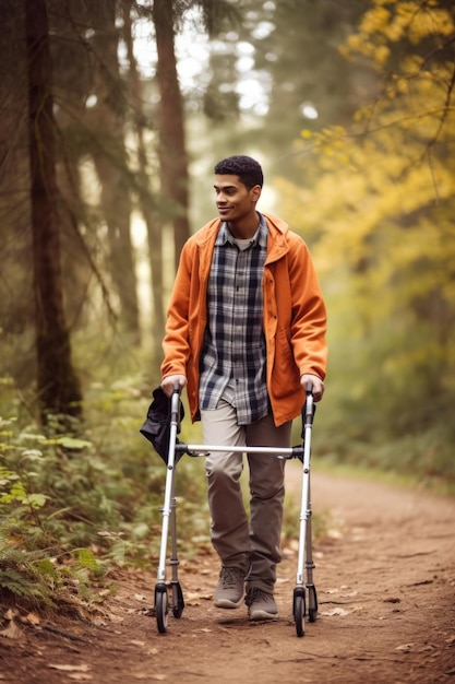 Aufnahme eines jungen Mannes, der beim Zelten eine Gehhilfe benutzt