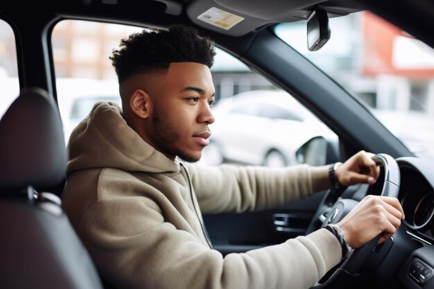 Aufnahme eines jungen Mannes, der das Steuer seines Autos in einer mit generativer KI erstellten Mechanik übernimmt