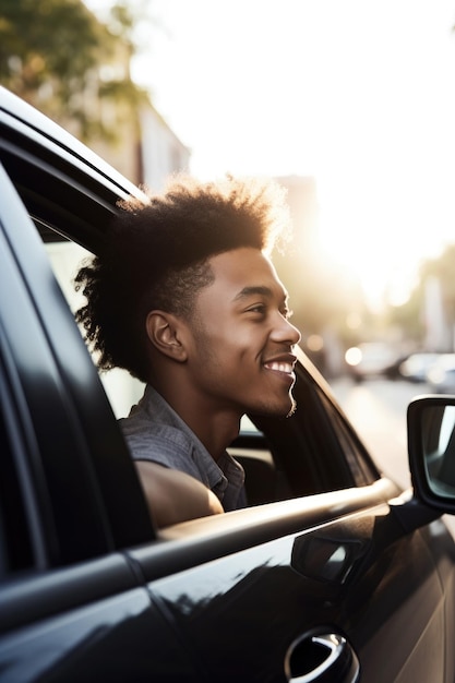 Aufnahme eines jungen Mannes, der die mit generativer KI erstellte Aussicht aus seinem Auto genießt