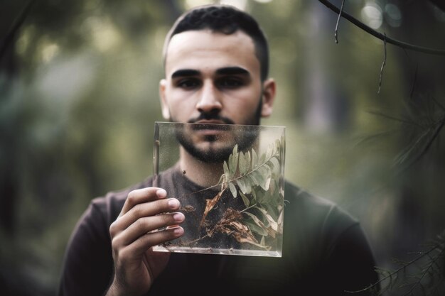 Foto aufnahme eines jungen mannes, der draußen ein mit generativer ki erstelltes bild aus der natur in der hand hält
