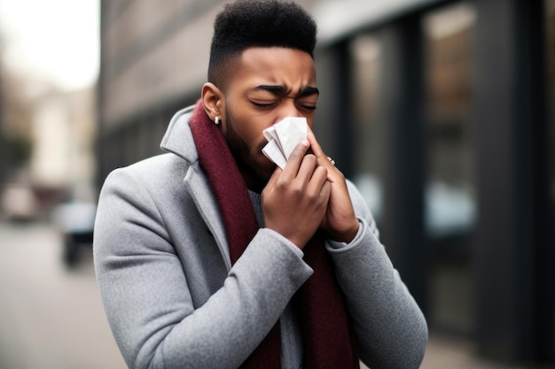 Aufnahme eines jungen Mannes, der draußen steht und an einer Erkältung leidet