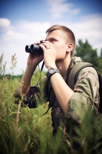 Aufnahme eines jungen Mannes, der ein Fernglas benutzt, während er geocachet, erstellt mit generativer KI