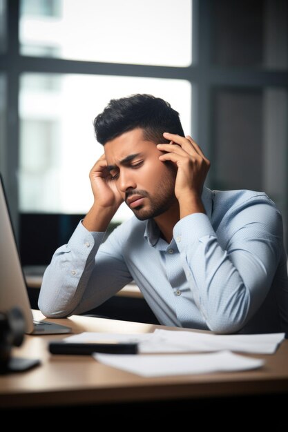 Aufnahme eines jungen Mannes, der gestresst aussieht, während er in einem Büro an seinem Schreibtisch sitzt