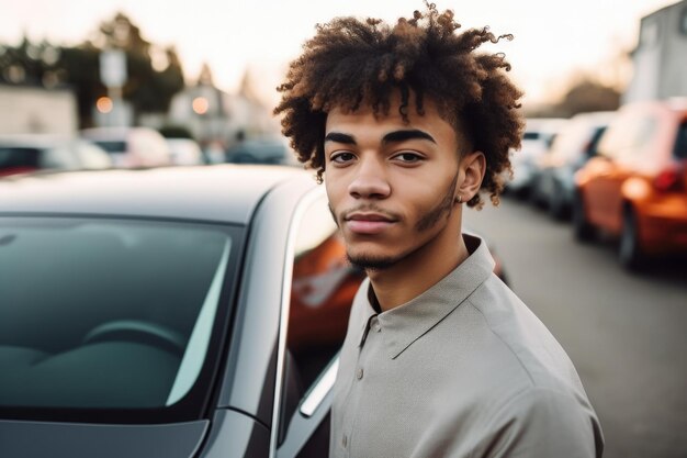 Aufnahme eines jungen Mannes, der hinter einem Auto steht