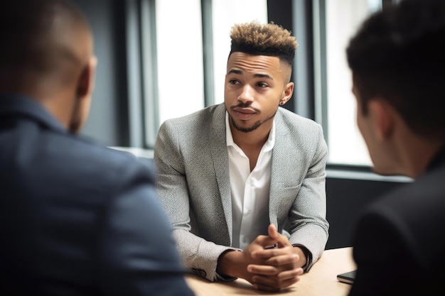 Aufnahme eines jungen Mannes, der im Büro mit seinen Geschäftskollegen spricht