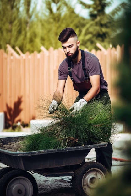 Aufnahme eines jungen Mannes, der in einem Landschaftsbauunternehmen arbeitet, das mit generativer KI gegründet wurde