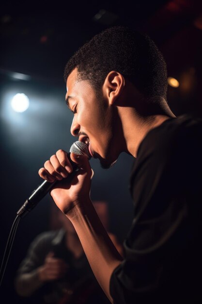 Aufnahme eines jungen Mannes, der in einem Nachtclub in ein Mikrofon singt, erstellt mit generativer KI