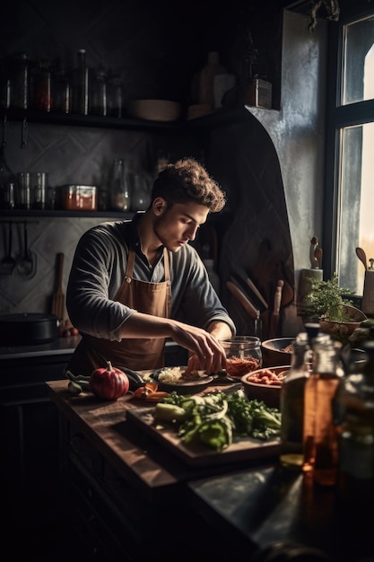 Aufnahme eines jungen Mannes, der in einer mit generativer KI erstellten Küche Essen zubereitet