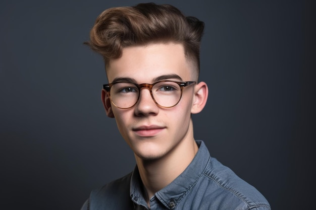 Aufnahme eines jungen Mannes, der mit Brille vor einem grauen Hintergrund posiert, der mit generativer KI erstellt wurde