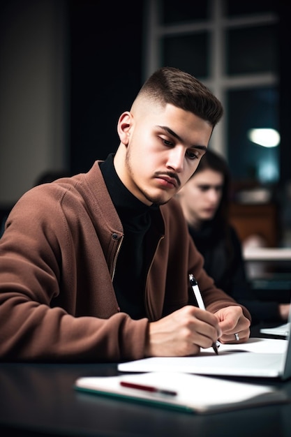 Aufnahme eines jungen Mannes, der Notizen macht, während er vor seinem Laptop sitzt
