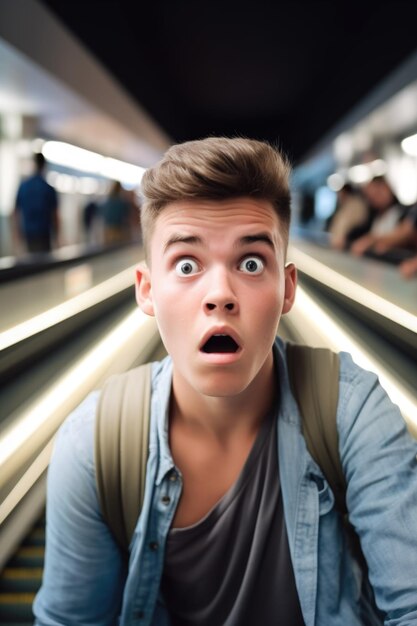 Aufnahme eines jungen Mannes, der schockiert aussieht, während er auf einer Rolltreppe steht