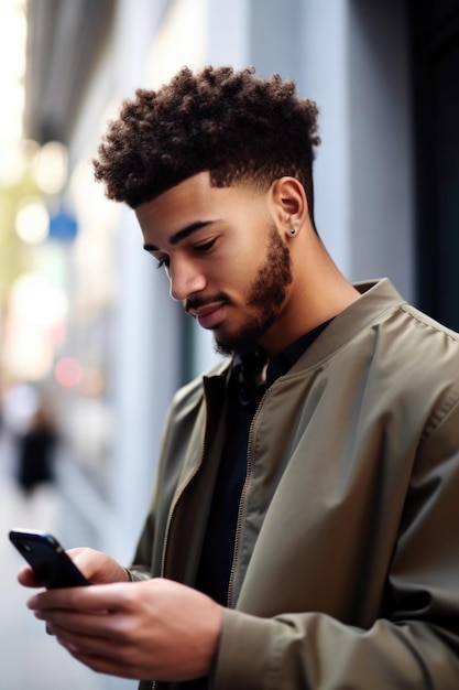 Aufnahme eines jungen Mannes, der sein Handy benutzt, erstellt mit generativer KI