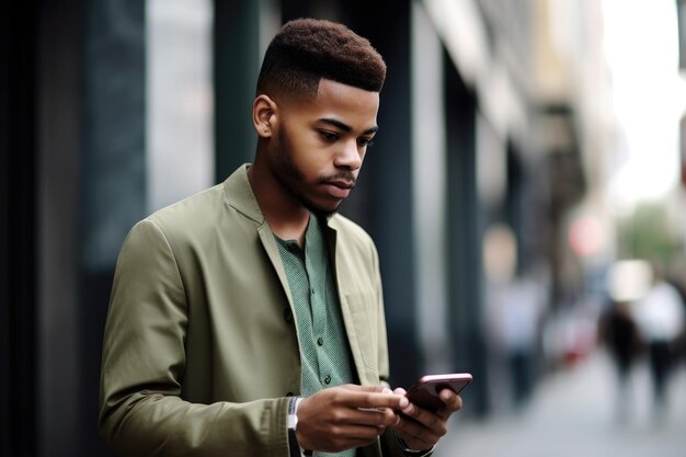 Foto aufnahme eines jungen mannes, der sein handy benutzt, erstellt mit generativer ki