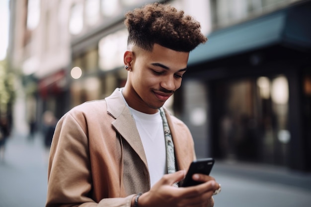 Foto aufnahme eines jungen mannes, der sein handy benutzt, erstellt mit generativer ki