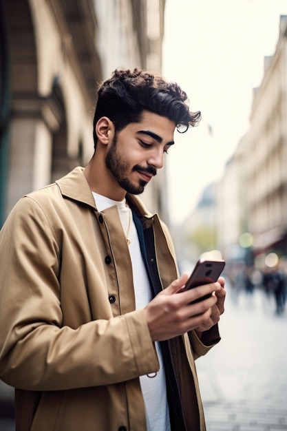 Aufnahme eines jungen Mannes, der sein Handy im Stadtzentrum benutzt, erstellt mit generativer KI