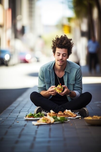 Aufnahme eines jungen Mannes, der sein Mittagessen auf dem Bürgersteig genießt, erstellt mit generativer KI