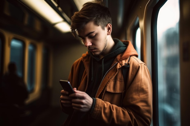 Aufnahme eines jungen Mannes, der sein Smartphone im Zug benutzt, erstellt mit generativer KI