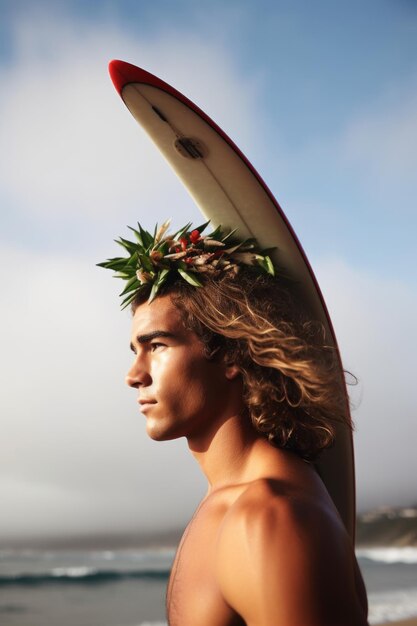 Aufnahme eines jungen Mannes, der sein Surfbrett auf dem Kopf trägt, erstellt mit generativer KI