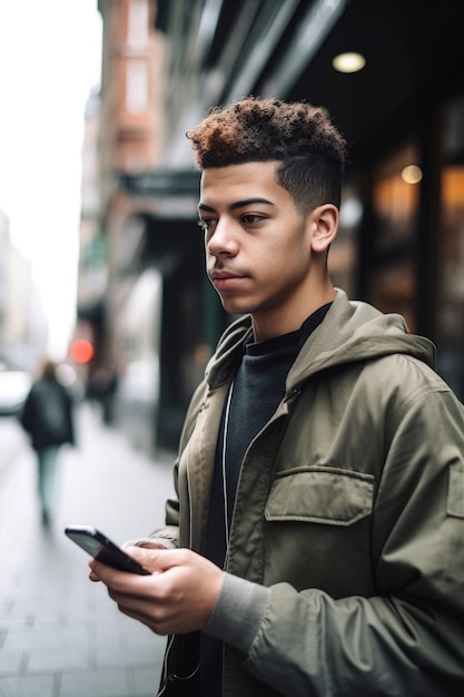 Aufnahme eines jungen Mannes, der sein Telefon in der Stadt benutzt, erstellt mit generativer KI