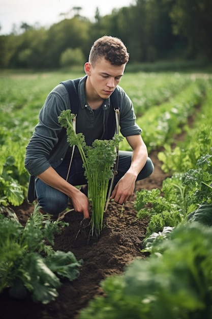 Aufnahme eines jungen Mannes, der seine Ernte gießt