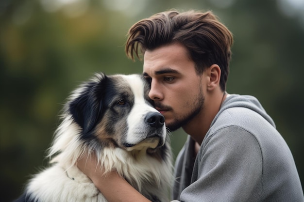 Aufnahme eines jungen Mannes, der traurig aussieht, während er draußen seinen Hund umarmt