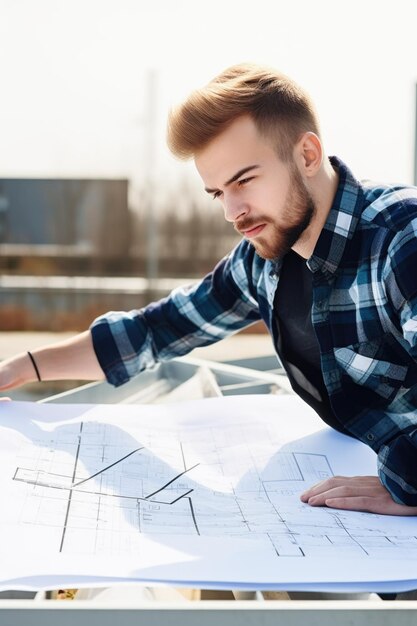 Foto aufnahme eines jungen mannes, der während des baus den installationsplan eines solarfeldes betrachtet