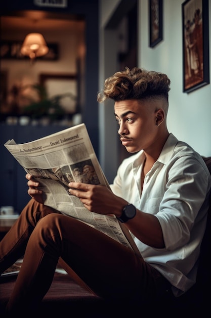 Aufnahme eines jungen Mannes, der zu Hause die Zeitung liest, erstellt mit generativer KI