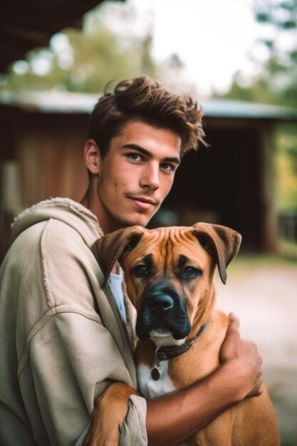 Aufnahme eines jungen Mannes mit seinem Hund in einem Tierreservat, das mit generativer KI erstellt wurde