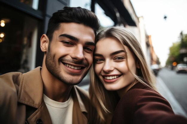 Aufnahme eines jungen Paares, das ein Selfie macht, während es auf einem Date ist, erstellt mit generativer KI