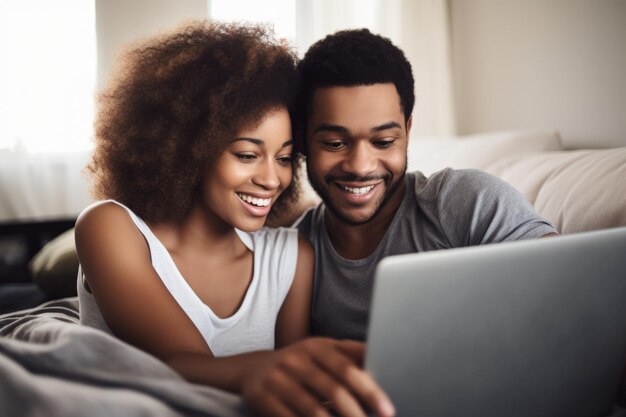 Aufnahme eines jungen Paares, das gemeinsam einen Laptop benutzt