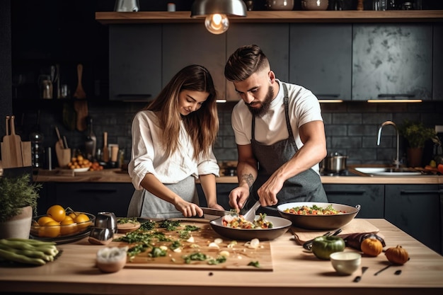 Aufnahme eines jungen Paares, das in der Küche kocht, erstellt mit generativer KI