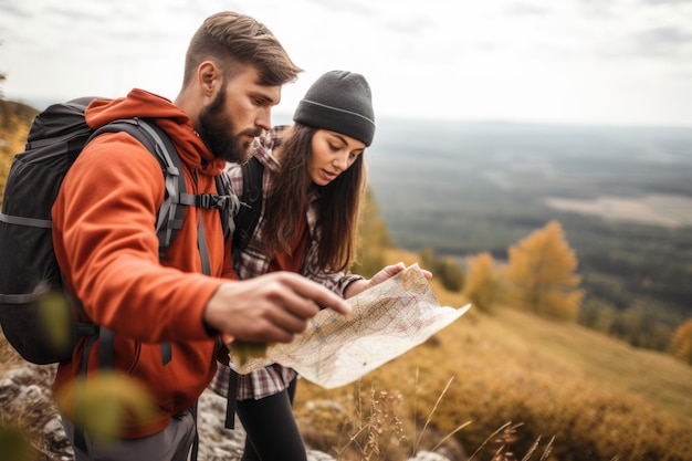 Aufnahme eines jungen Paares, das während einer Wanderung mit generativer KI auf ihre topographische Karte schaut