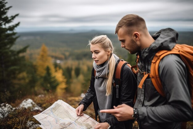 Aufnahme eines jungen Paares, das während einer Wanderung mit generativer KI auf ihre topographische Karte schaut