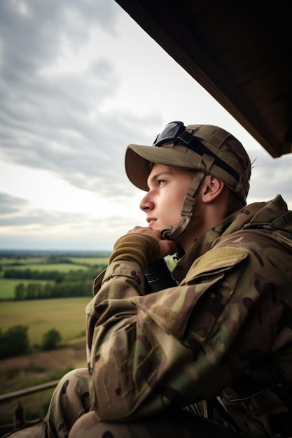 Foto aufnahme eines jungen soldaten, der über den horizont schaut
