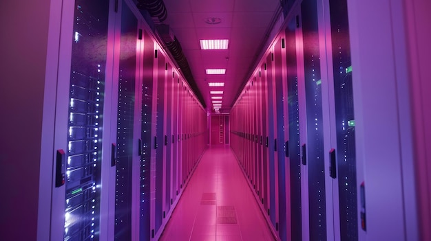 Aufnahme eines Korridors in einem Arbeitsdatenzentrum voller Rack-Server und Supercomputer mit hoher Internet-Visualisierungsprojektion