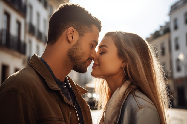 Aufnahme eines liebevollen jungen Paares, das einen romantischen Moment im Freien genießt