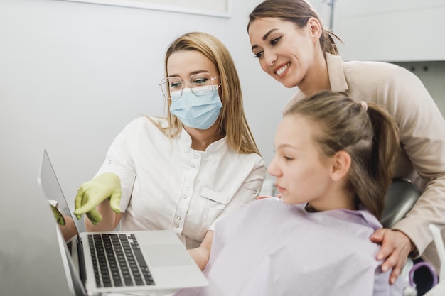 Aufnahme eines Mädchens im Teenageralter und ihrer Mutter bei einer Konsultation mit ihrem Zahnarzt.