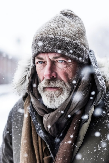 Aufnahme eines Mannes, der an der Kälte leidet, während er im Schnee ist, erstellt mit generativer AI