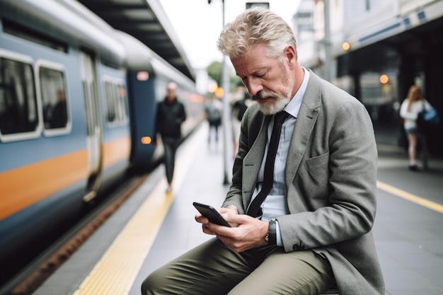 Aufnahme eines Mannes, der ein Smartphone benutzt, während er auf seine Fahrt wartet, erstellt mit generativer KI