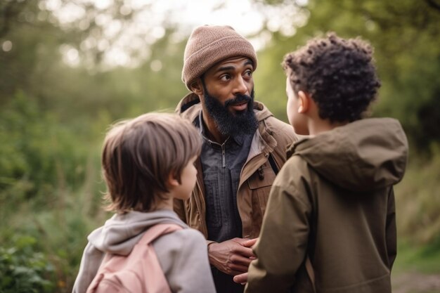 Aufnahme eines Mannes, der in einem Naturschutzgebiet mit zwei kleinen Kindern spricht