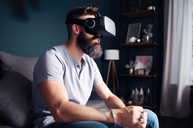 Aufnahme eines Mannes, der nachdenklich aussieht, während er zu Hause sein Handy in virtueller Realität benutzt