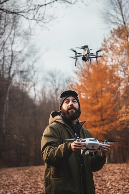 Aufnahme eines Mannes, der seine Drohne draußen fliegt, erstellt mit generativer KI