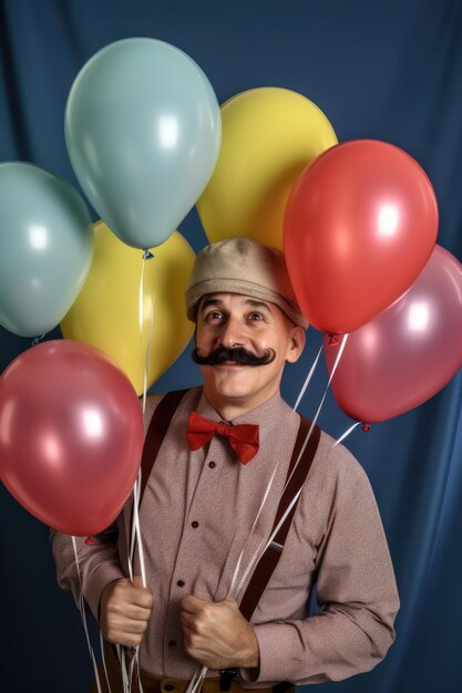 Foto aufnahme eines mannes mit luftballons, bereit für eine geburtstagsfeier, erstellt mit generativer ki