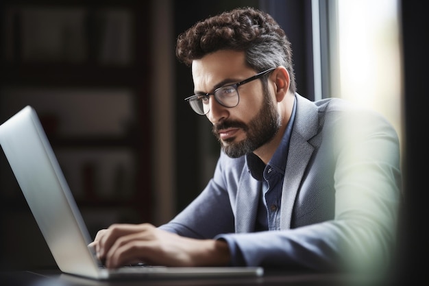 Aufnahme eines Mannes mit seinem Laptop in einem Büro, das mit generativer KI erstellt wurde