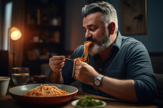 Aufnahme eines Mannes mittleren Alters, der zu Hause Pasta isst